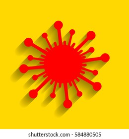 Virus sign illustration. Vector. Red icon with soft shadow on golden background.