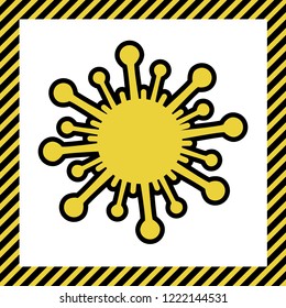 Virus sign illustration. Vector. Warm yellow icon with black contour in frame named as under construction at white background. Isolated.