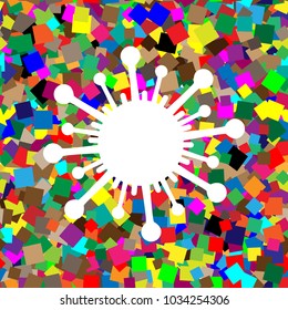 Virus sign illustration. Vector. White icon on colorful background with seamless pattern from squares.