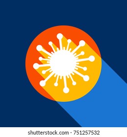 Virus sign illustration. Vector. White icon on tangelo circle with infinite shadow of light at cool black background. Selective yellow and bright navy blue are produced.