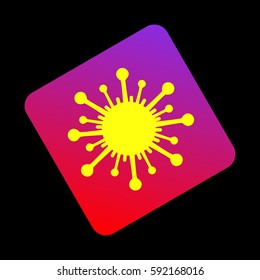 Virus sign illustration. Vector. Yellow icon at violet-red gradient square with rounded corners rotated for dynamics on black background.