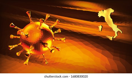 Virus with the silhouette of Italy. Infectious pneumonia. 3D true ray tracing low poly digital banner. International global outbreak coronavirus pandemic vector illustration. Microscopic structure.