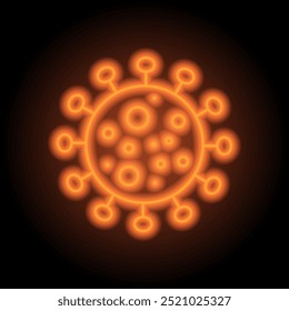 Icono simple de virus. Diseño plano. Neón naranja sobre fondo negro.ai