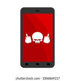 Virus in smartphone. Cyber attack on phone. Skull and fuck on screen. Blocked Gadget does not work. Vector illustration