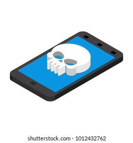 Virus in smartphone. Cyber attack on phone. Skull on screen. Blocked  Gadget does not work. Vector illustration