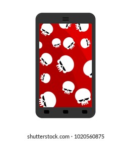 Virus in smartphone. Cyber attack on phone. Skull on screen. Blocked  Gadget does not work. Vector illustration
