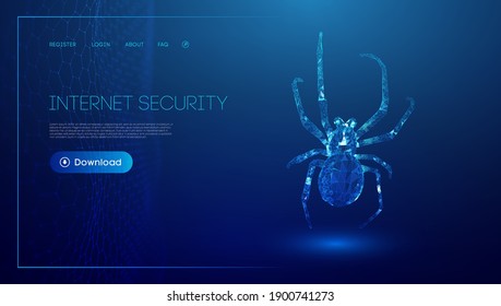 Virus spider in low poly style on blue background. Cybercryme technology network web vector illustration. Internet fraud abstract vector background. Cyber criminal hacker attack.