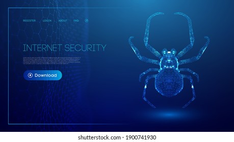 Virus spider in low poly style on blue background. Cybercryme technology network web vector illustration. Internet fraud abstract vector background. Cyber criminal hacker attack.