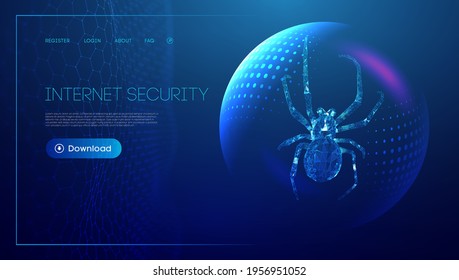 Virus spider in low poly style on blue background with sphere shield. Cybercryme technology network web vector illustration. Internet fraud abstract vector background. Cyber criminal hacker attack.