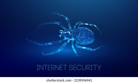 Virusspinne in Low-Poly-Stil auf blauem Hintergrund. Cybercryme Technologie Netzwerk Web Vektorgrafik. Internet-Betrug abstrakter Vektorhintergrund. Cyberkriminelle Hacker-Attacke