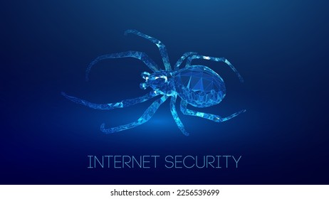 Virus spider in low poly style on blue background. Cybercryme technology network web vector illustration. Internet fraud abstract vector background. Cyber criminal hacker attack.