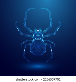 Virus spider in low poly style on blue background. Cybercryme technology network web vector illustration. Internet fraud abstract vector background. Cyber criminal hacker attack.