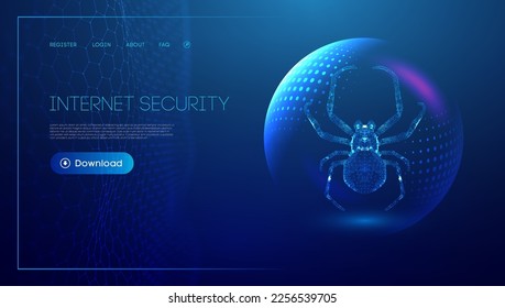 Virus spider in low poly style on blue background with sphere shield. Cybercryme technology network web vector illustration. Internet fraud abstract vector background. Cyber criminal hacker attack.