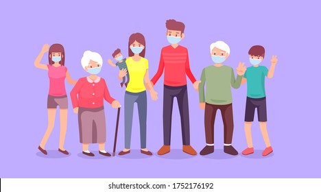 Virus spread, Covid-2019 prevention, Family, People, Mother and father with babies, Children and grandparents, Vector illustration flat design