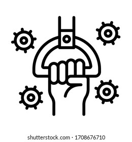 Virus spread with hand holding bus handle. Coronavirus safety measures. Line vector. Isolate on white background.