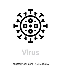 Icono de propagación de virus. Vector de línea editable. Símbolo microbio estilizado del coronavirus bajo el microscopio. Pictograma único.