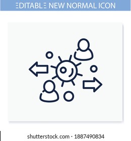 Icono de línea de propagación de virus. Nuevo concepto normal. Brote de pandemia, transferencia de infección global. Aislamiento social. Nueva vida después del brote de covid19. Tiempo de pandemia. Ilustración vectorial aislada.Icono editable 