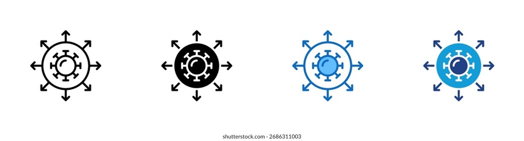 Virus Spread Multiple Style Icon Sheet Design Vector - Virus cell with arrows pointing outward, symbolizing infection spread, transmission, or epidemic growth