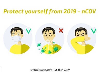 Virus spread prevention how to sneeze right and wrong with young man character sneezing in elbow Infographic. Flat vector illustration.