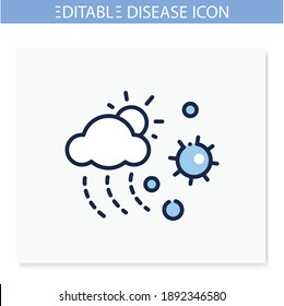 Virus propagado con el icono de la línea meteorológica. El concepto de propagación de enfermedades y contaminación del aire. Diseminación de la gota en estado húmedo. Infección en el aire y en las gotas de lluvia. Ilustración vectorial aislada. Trazo editable 