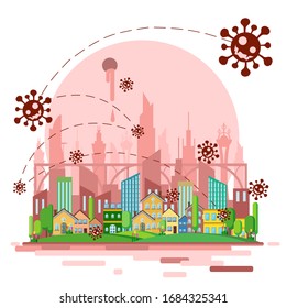 Virus spreading around the city and there is a path to spreading the virus,Flat city,Flat city and virus isolated on the white background,Vector illastrator.