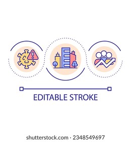 Icono de concepto de propagación de virus en bucle de ciudad. Salud pública. Personas infectadas. Ilustración de línea delgada de ideas abstractas de epidemiología. Dibujo de contorno aislado. Trazo editable. Tipo de letra arial utilizado