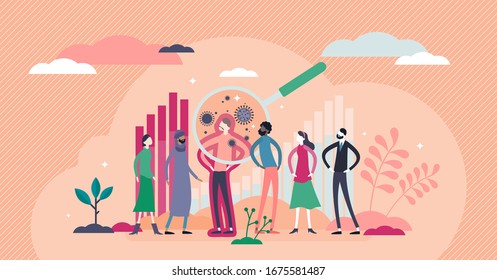 Virus statistics concept, flat tiny persons vector illustration. Corona virus COVID-19 population check for infected individuals. Viral infection control procedure and illness analysis and research.