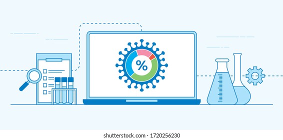 Virus statistics vector illustration. Corona virus disease scientific research banner design. Laptop with germ infographics icon on a display and professional laboratory gear.