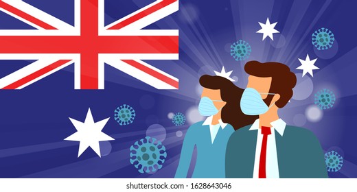virus strain model COVID-19 corona virus 2019-nCoV with woman and man with blue medical face mask on Australian flag. Wuhan pneumonia outbreak on red background. Flu Pandemic Protection Concept