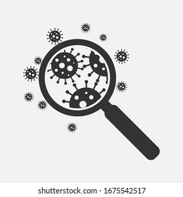 Virusstamm-Modell Novel Coronavirus 2019-nCoV wird mit Lupe-Glas durchgestrichen