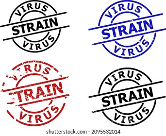 VIRUS STRAIN seal stamp versions. VIRUS STRAIN text is between parallel lines inside circle frame. Rough VIRUS STRAIN seal versions in red, black, blue colors, with unclean surface.