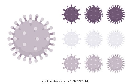 Virus structure, human coronavirus spike symbol set. Infectious disease, severe acute respiratory syndrome, medicine and healthcare. Vector flat style cartoon illustration, different views and colors