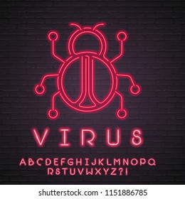 Virus Symbol Neon Light Glowing Sign Logo Vector Illustration Emblem Bright Night Sign with Alphabet