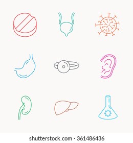 Virus, tablet and stomach organ icons. Liver, kidney and urinary bladder linear signs. Medic mirror, ear and lab bulb flat line icons. Linear colored icons.