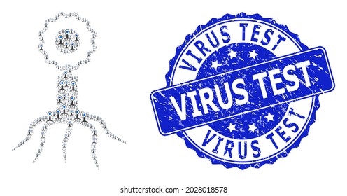 Prueba de virus imitación de foco redondo sucio y célula de virus de mosaico recursivo vectorial. El sello azul tiene el título de la prueba de virus dentro de la forma redonda. El collage vectorial se forma a partir de iconos de células de virus recursivos.