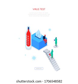 Virus test - modern colorful isometric web banner with copy space for text. A composition with sick person having virus symptoms, runny nose and fever, medical workers in protective wear examining him