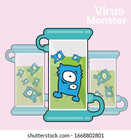 Virus in test tube cartoon character design in line art concept vector illustration,blue monster and friend and big eye in green water,Disease covid 19.