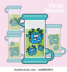 Virus in test tube cartoon character design in line art concept vector illustration,blue monster and friend and big eye in green water,Disease covid 19.