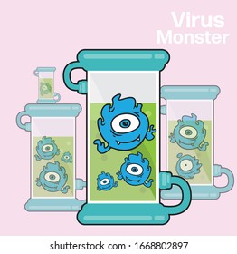 Virus in test tube cartoon character design in line art concept vector illustration,blue monster and friend and big eye in green water,Disease covid 19.