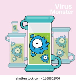 Virus in test tube cartoon character design in line art concept vector illustration,blue monster and friend and big eye in green water,Disease covid 19.
