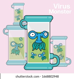Virus in test tube cartoon character design in line art concept vector illustration,blue monster and friend and big eye in green water,Disease covid 19.