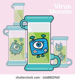 Virus in test tube cartoon character design in line art concept vector illustration,blue monster and friend and big eye in green water,Disease covid 19.