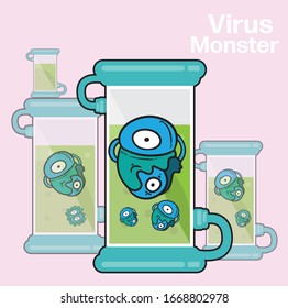 Virus in test tube cartoon character design in line art concept vector illustration,blue monster and friend and big eye in green water,Disease covid 19.