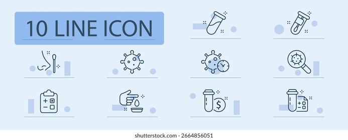 Icono de conjunto de pruebas de virus. Hisopado, virus, tubo, sangre, forma, tiempo, costo, análisis y lupa visuales delineados para exámenes médicos y temas de diagnóstico de salud