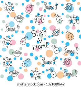 Virus theme pattern and stay at home. Hand-drawn style and line art. This pattern is simple yet eye-catching. The objects in this pattern are viruses, masks, hand sanitizers, etc.