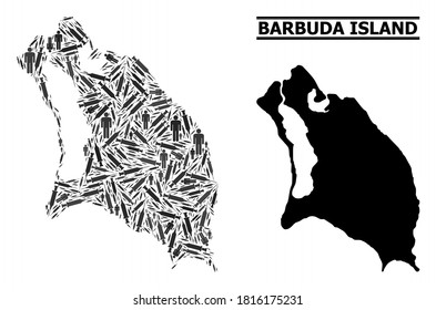 Virus therapy mosaic and solid map of Barbuda Island. Vector map of Barbuda Island is shaped with syringes and human figures. Template designed for outbreak purposes. Final win over virus outbreak.