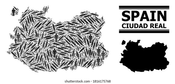 Virus therapy mosaic and solid map of Ciudad Real Province. Vector map of Ciudad Real Province is designed of vaccine doses and human figures. Template designed for medical alerts.