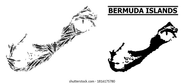 Virus therapy mosaic and solid map of Bermuda Islands. Vector map of Bermuda Islands is shaped of vaccine symbols and human figures. Collage is useful for quarantine ads.
