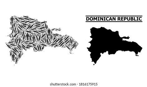 Virus therapy mosaic and solid map of Dominican Republic. Vector map of Dominican Republic is composed with vaccine doses and men figures. Abstraction is useful for medical alerts.