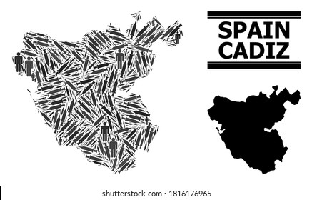 Virus therapy mosaic and solid map of Cadiz Province. Vector map of Cadiz Province is formed with syringes and men figures. Collage is useful for isolation templates. Final win over virus outbreak.